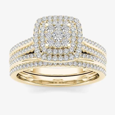 Womens 1/ CT. T.W. Natural White Diamond 10K Gold Cushion Halo Bridal Set