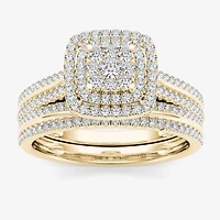 Womens 1/ CT. T.W. Natural White Diamond 10K Gold Cushion Halo Bridal Set