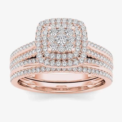 Womens 1/2 CT. T.W. Natural White Diamond 10K Rose Gold Cushion Side Stone Halo Bridal Set