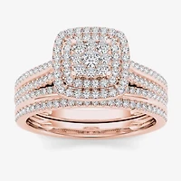 Womens 1/2 CT. T.W. Natural White Diamond 10K Rose Gold Cushion Side Stone Halo Bridal Set