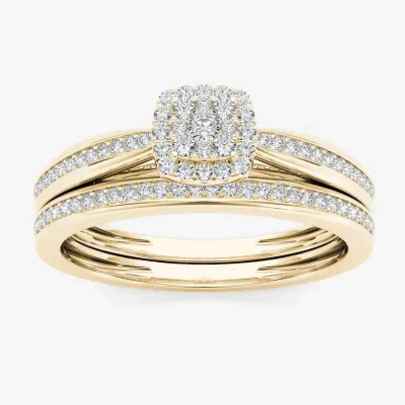 Womens 1/4 CT. T.W. Natural White Diamond 10K Gold Cushion Side Stone Halo Bridal Set