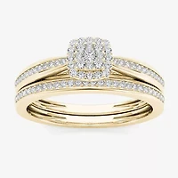 Womens 1/4 CT. T.W. Natural White Diamond 10K Gold Cushion Side Stone Halo Bridal Set