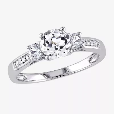 Modern Bride Gemstone Womens Diamond Accent Lab Created White Sapphire 10K Gold Round 3-Stone Engagement Ring