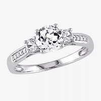 Modern Bride Gemstone Womens Diamond Accent Lab Created White Sapphire 10K Gold Round 3-Stone Engagement Ring