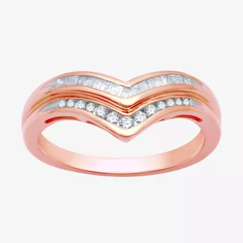Womens 2MM 1/4 CT. T.W. Natural White Diamond 14K Rose Gold Over Silver Sterling Chevron Wedding Band