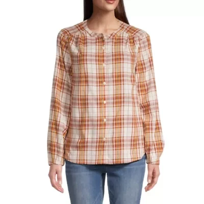 St. John's Bay Womens Crew Neck Long Sleeve Regular Fit Button-Down Shirt