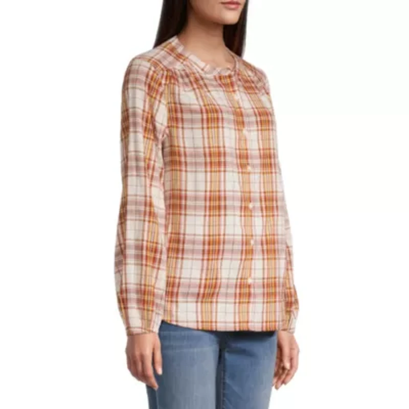 St. John's Bay Womens Crew Neck Long Sleeve Regular Fit Button-Down Shirt