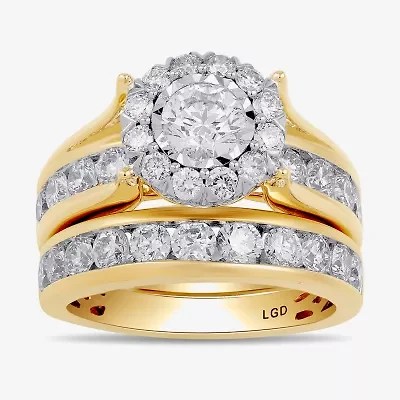 (H-I / Si2) Womens 3 CT. T.W. Lab Grown White Diamond 14K Gold Round Side Stone Halo Bridal Set