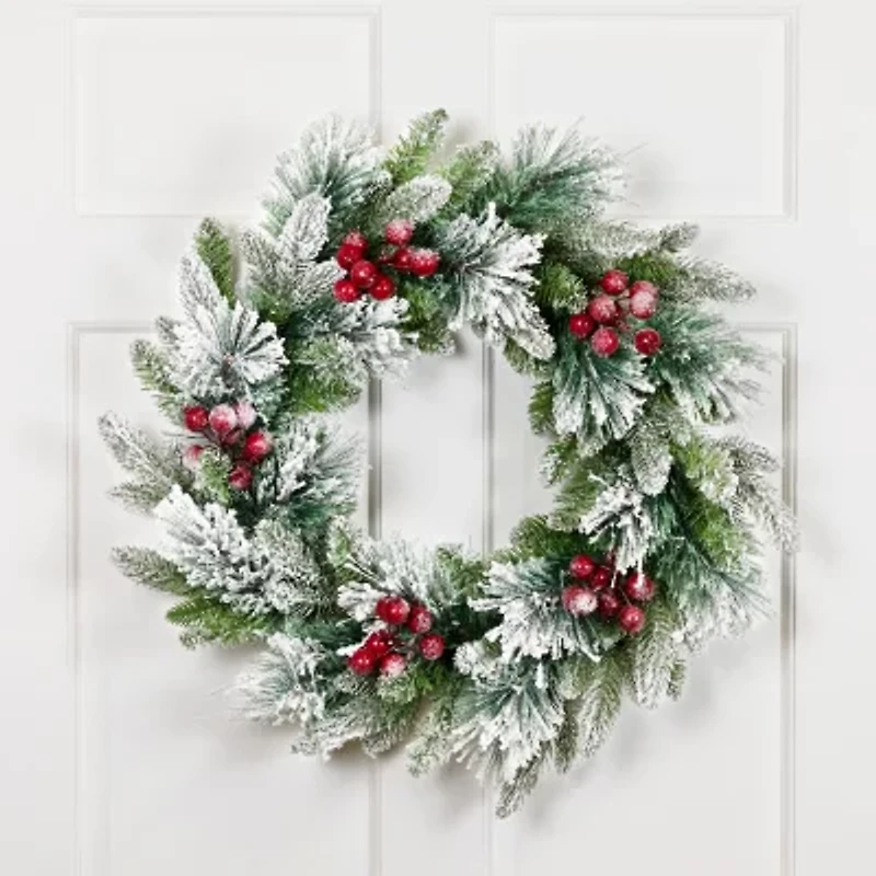 Northlight Real Touch™️ Flocked Calloway Fir With Berries - 24in - Unlit Wreath
