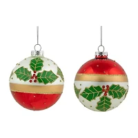 Northlight Set Of 2 Holly And Berries Glittered Glass Ball 4in Christmas Ornament