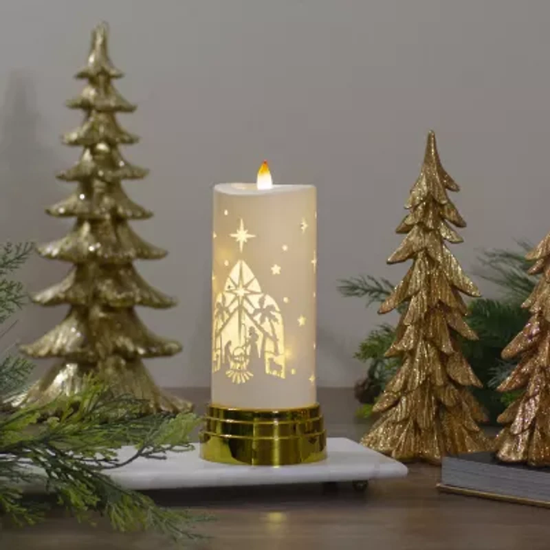 Northlight 9in Gold And White Nativity Scene Flameless Candle