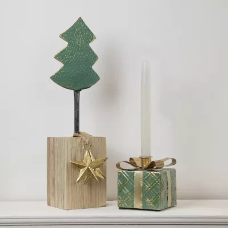 Northlight Metal With Stars And Chunky Wooden Base - 16.75in - Green 1 Foot Christmas Tree