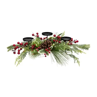 Northlight Holly And Berries Pillar With Pine Cones - 28in Candle Holder