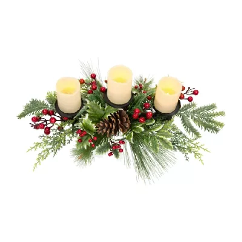 Northlight Holly And Berries Pillar With Pine Cones - 28in Candle Holder