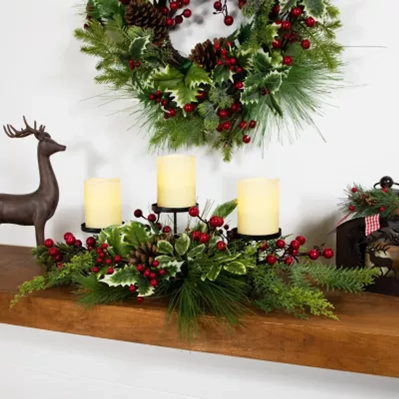 Northlight Holly And Berries Pillar With Pine Cones - 28in Candle Holder