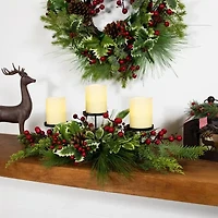 Northlight Holly And Berries Pillar With Pine Cones - 28in Candle Holder