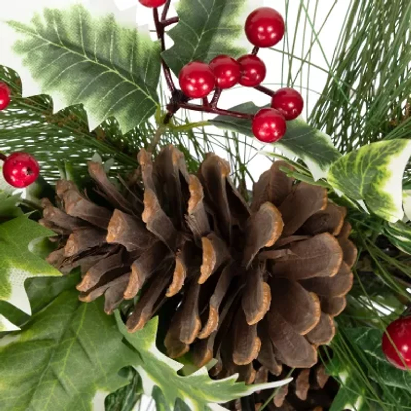 Northlight Holly And Berries Pillar With Pine Cones - 28in Candle Holder