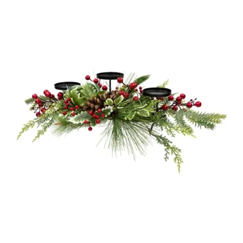 Northlight Holly And Berries Pillar With Pine Cones - 28in Candle Holder