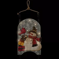 Northlight 17in Led Lighted Wooden Sled With Snowman And Cardinal Lighted Christmas Tabletop Decor
