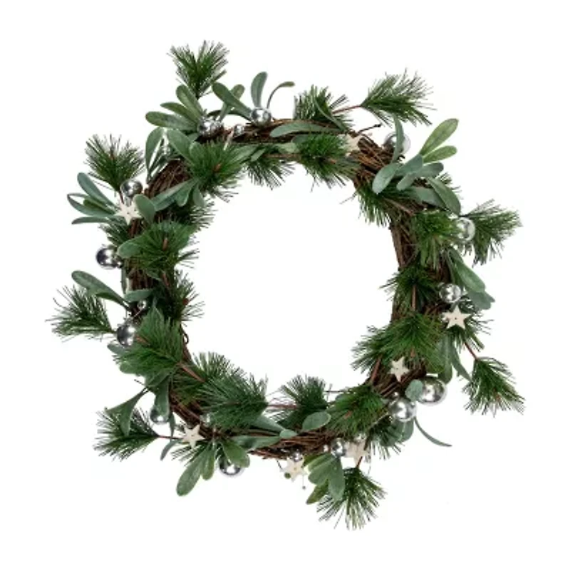 Northlight Pine Needle And Silver Ball Ornament 12-Inch Unlit Wreath