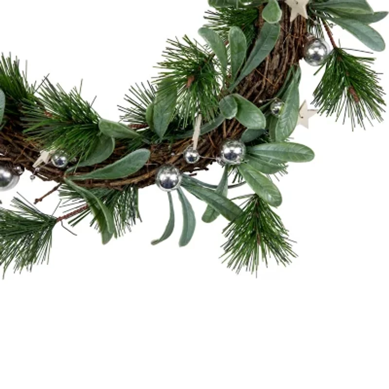 Northlight Pine Needle And Silver Ball Ornament 12-Inch Unlit Wreath