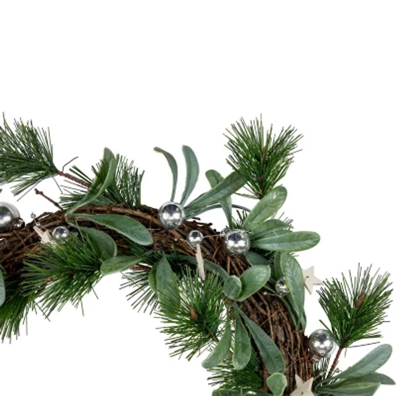 Northlight Pine Needle And Silver Ball Ornament 12-Inch Unlit Wreath