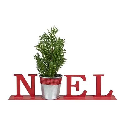 Northlight Potted Faux Pine In Metal "Noel" Planter - 13in - Red Christmas Tabletop Decor