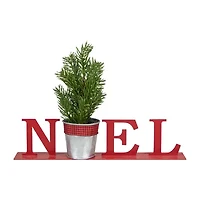 Northlight Potted Faux Pine In Metal "Noel" Planter - 13in - Red Christmas Tabletop Decor