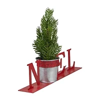 Northlight Potted Faux Pine In Metal "Noel" Planter - 13in - Red Christmas Tabletop Decor