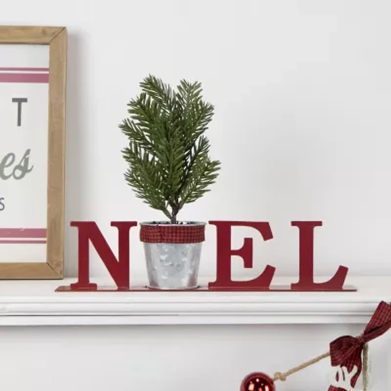 Northlight Potted Faux Pine In Metal "Noel" Planter - 13in - Red Christmas Tabletop Decor
