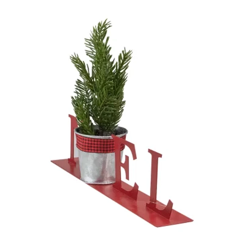 Northlight Potted Faux Pine In Metal "Noel" Planter - 13in - Red Christmas Tabletop Decor