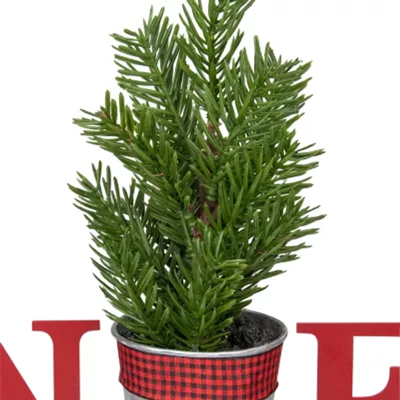 Northlight Potted Faux Pine In Metal "Noel" Planter - 13in - Red Christmas Tabletop Decor