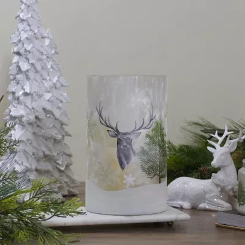 Northlight 10in Deer Pine And Snowflakes Hand Painted Candle Holder