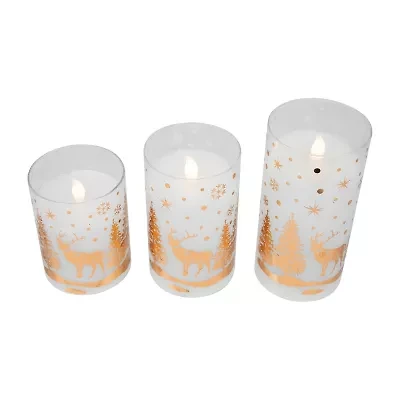 Northlight Led Flickering Woodland Glass Pillar - 6in - Set Of 3 Flameless Candle