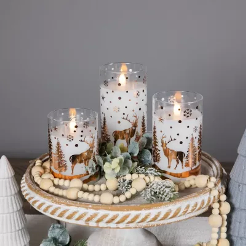 Northlight Led Flickering Woodland Glass Pillar - 6in - Set Of 3 Flameless Candle