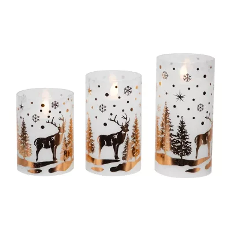Northlight Led Flickering Woodland Glass Pillar - 6in - Set Of 3 Flameless Candle