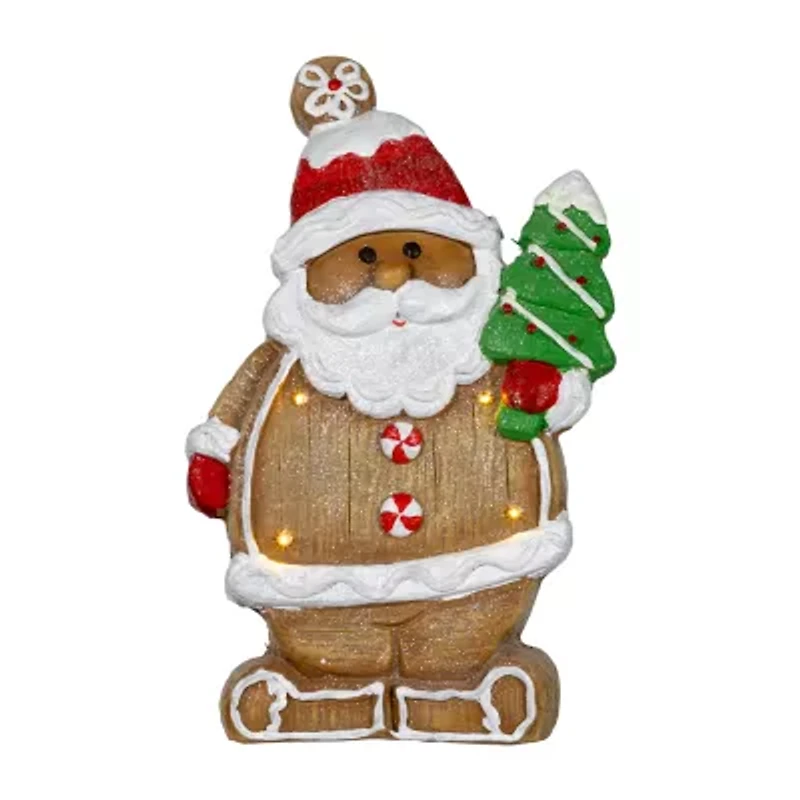 Northlight Lighted Gingerbread Santa With Frosted Tree - 16in Christmas Figurine