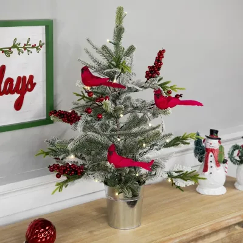 Northlight Pre-Lit Led Frosted Mixed Pine With Cardinals Potted - 2ft - Warm White Lights 2 Foot Pine Christmas Tree