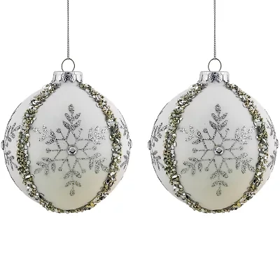 Northlight Set Of 2 Matte White Sequin Glitter Snowflake Glass 4in Christmas Ornament