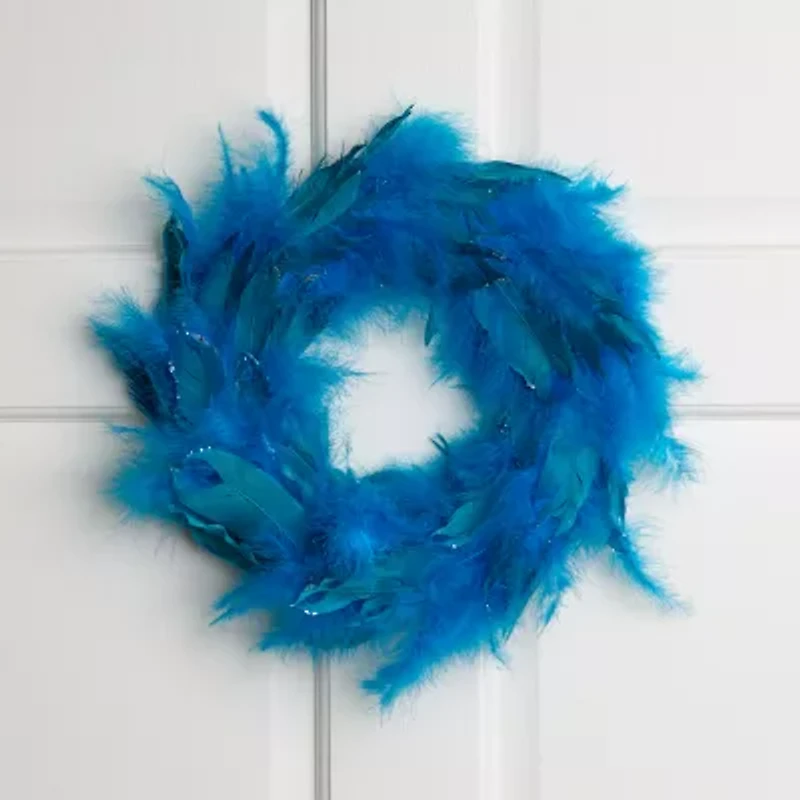 Northlight Two-Tone Feathers Glittered - 14.5in - Unlit - Turquoise Wreath