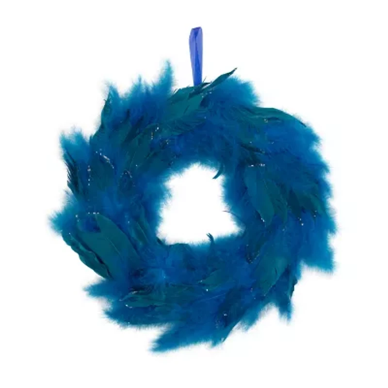 Northlight Two-Tone Feathers Glittered - 14.5in - Unlit - Turquoise Wreath
