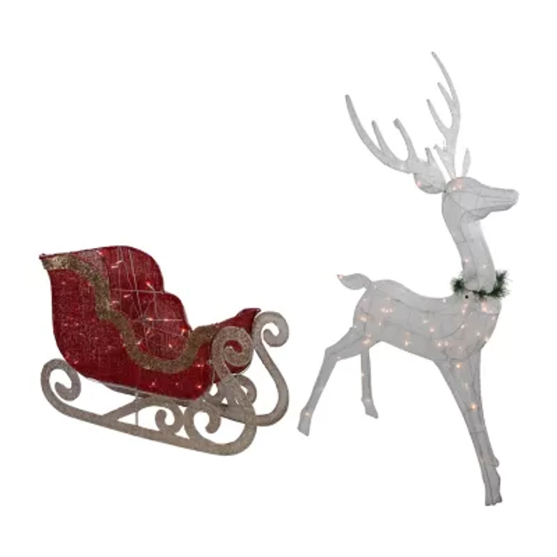 Northlight 51in Lighted White Reindeer With Sleigh Christmas Yard Art