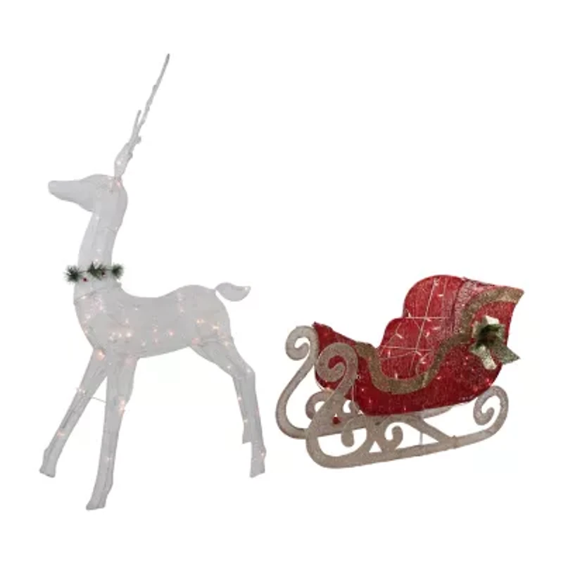 Northlight 51in Lighted White Reindeer With Sleigh Christmas Yard Art