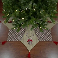 Northlight 48in Red And Brown Burlap And Plaid Reindeer With Tassels Indoor Tree Skirt
