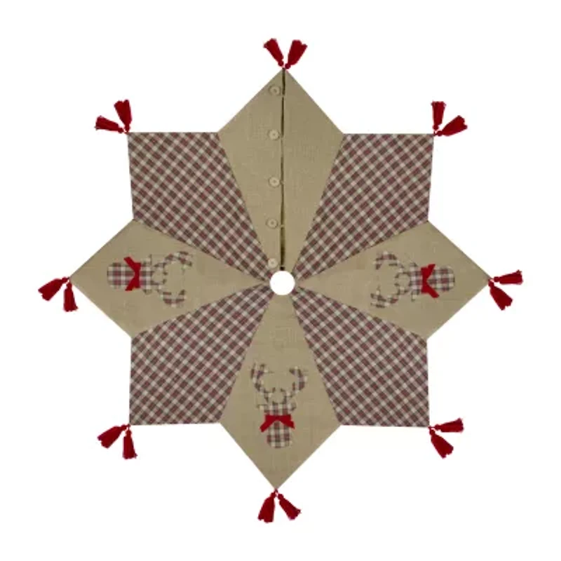 Northlight 48in Red And Brown Burlap And Plaid Reindeer With Tassels Indoor Tree Skirt