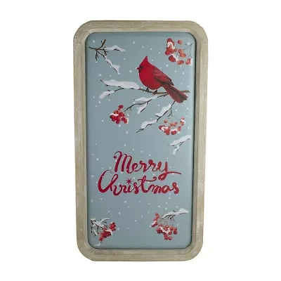 Northlight 25.5in Wood Framed Blue And Red Merry With Red Cardinal Wood Wall Art