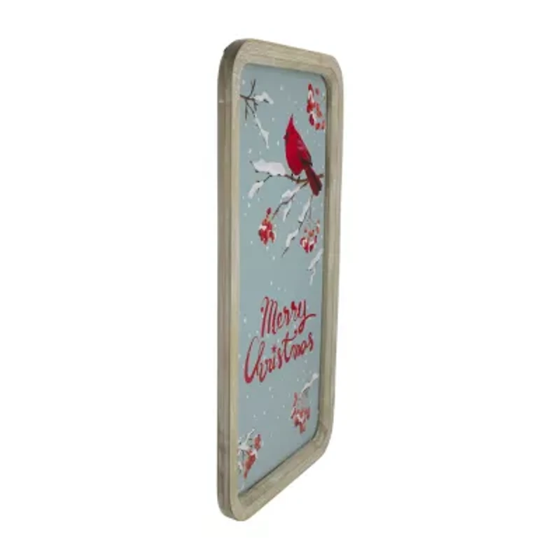Northlight 25.5in Wood Framed Blue And Red Merry With Red Cardinal Wood Wall Art