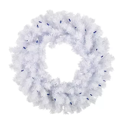 Northlight Pre-Lit Geneva Spruce - 24in - White - Blue Lights Wreath