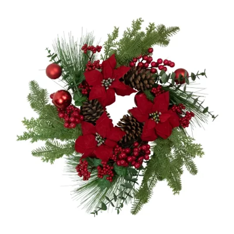 Northlight Berry And Poinsettia - 22in - Unlit Wreath