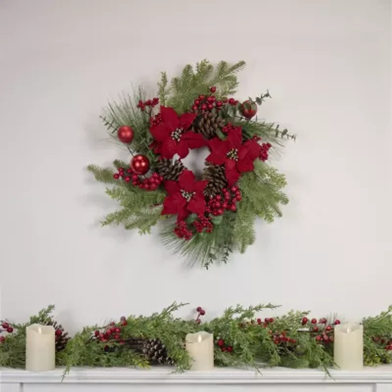 Northlight Berry And Poinsettia - 22in - Unlit Wreath